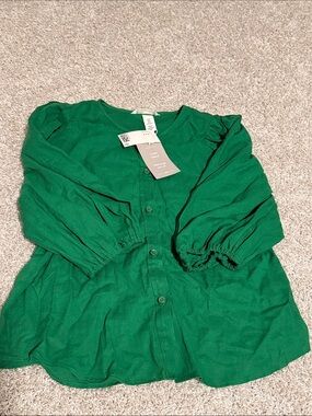 H&M Green Button-Front Linen Blend Blouse